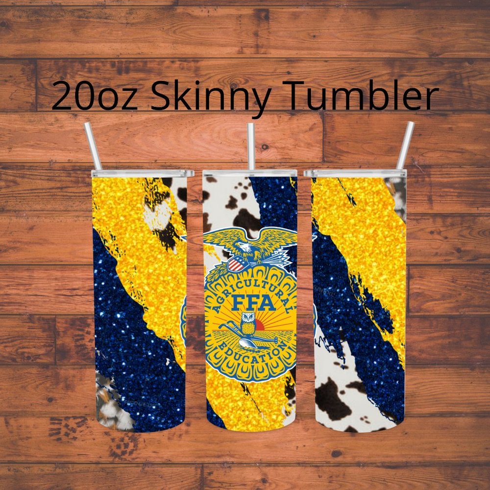 Agricultural Education Theme 20oz skinny tumbler Cow print Blue Yellow Glitter